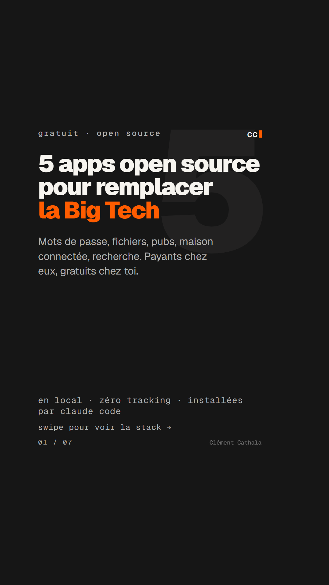 Titre : 5 apps open source pour remplacer la Big Tech, installées en local par Claude Code