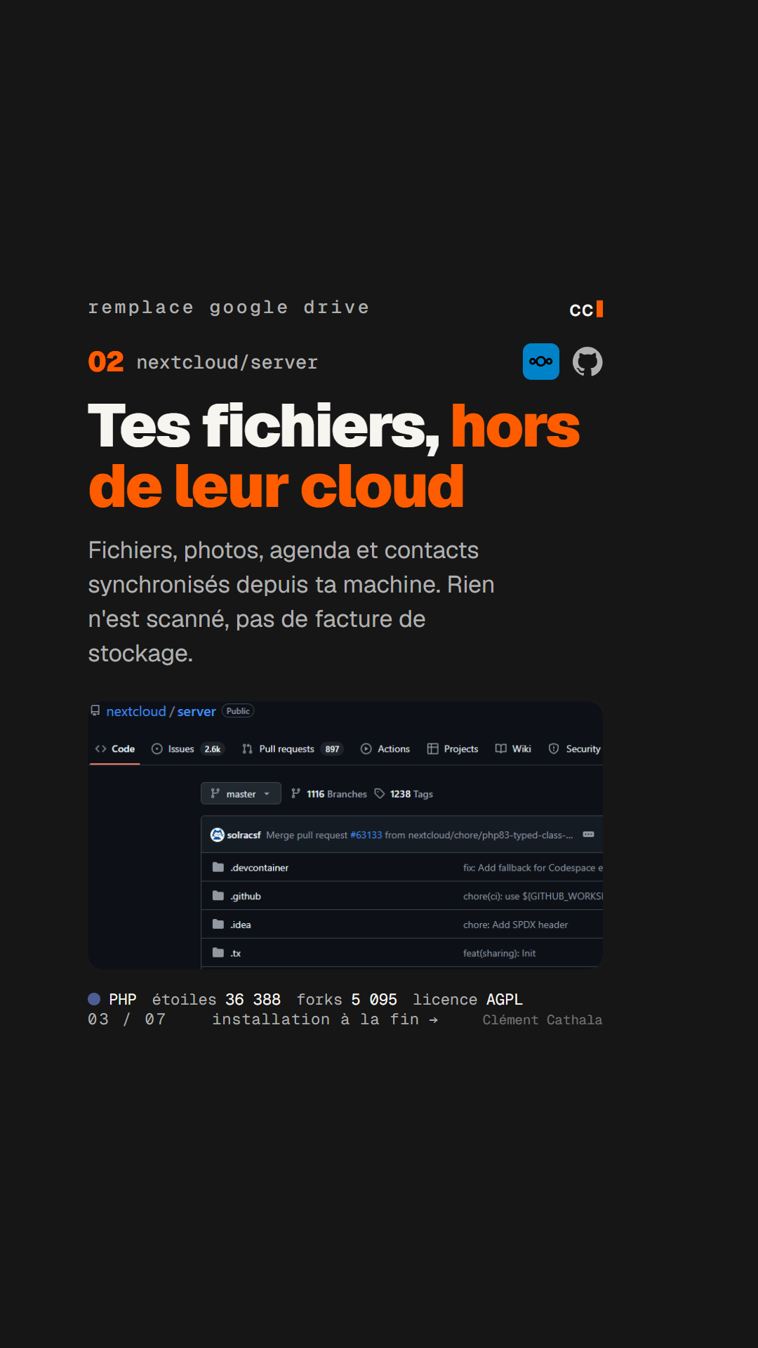 Nextcloud, fichiers, photos, agenda et contacts synchronisés depuis ta machine, pour remplacer Google Drive