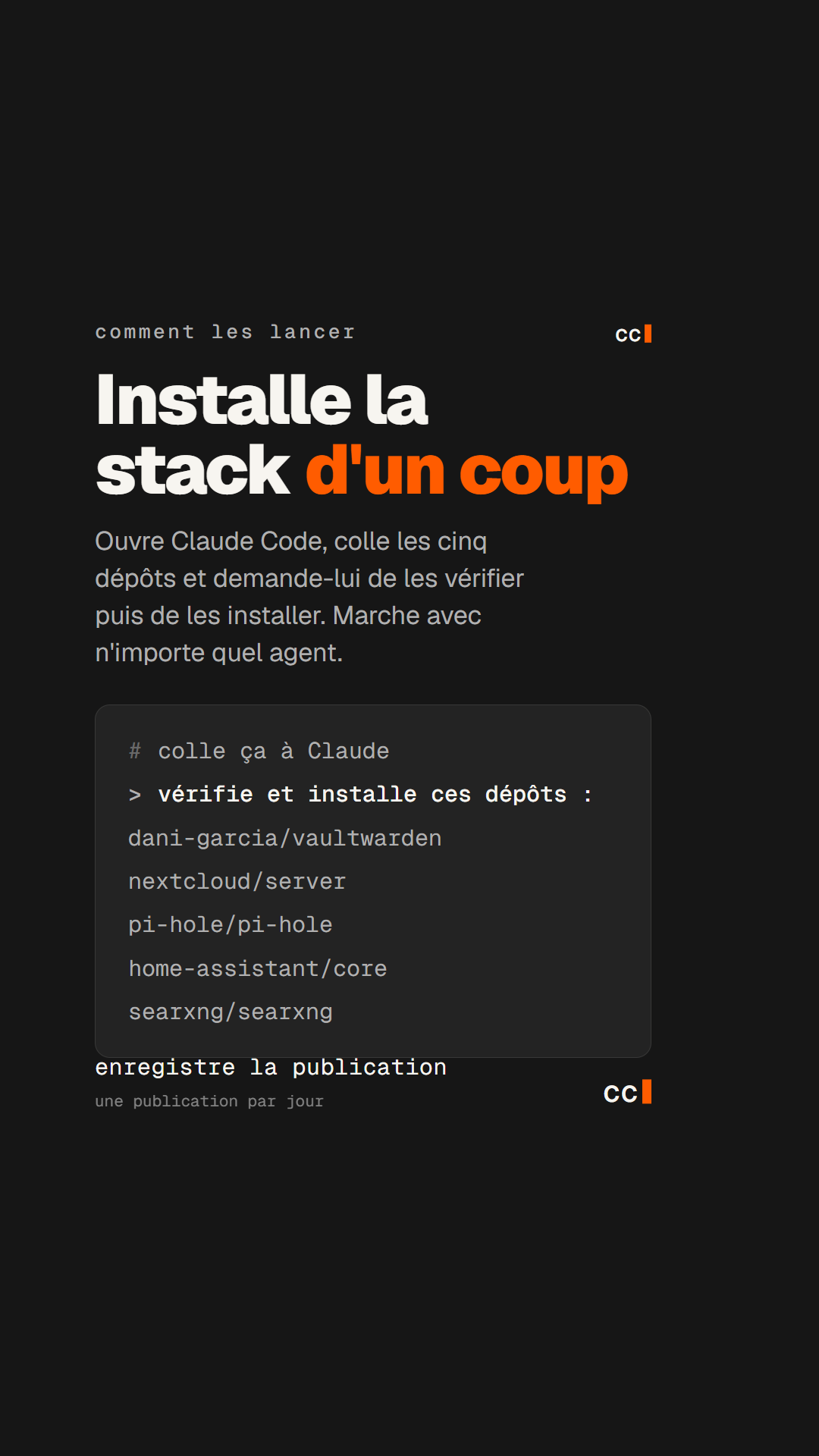 Installer la stack d'un coup en collant les cinq dépôts à Claude Code